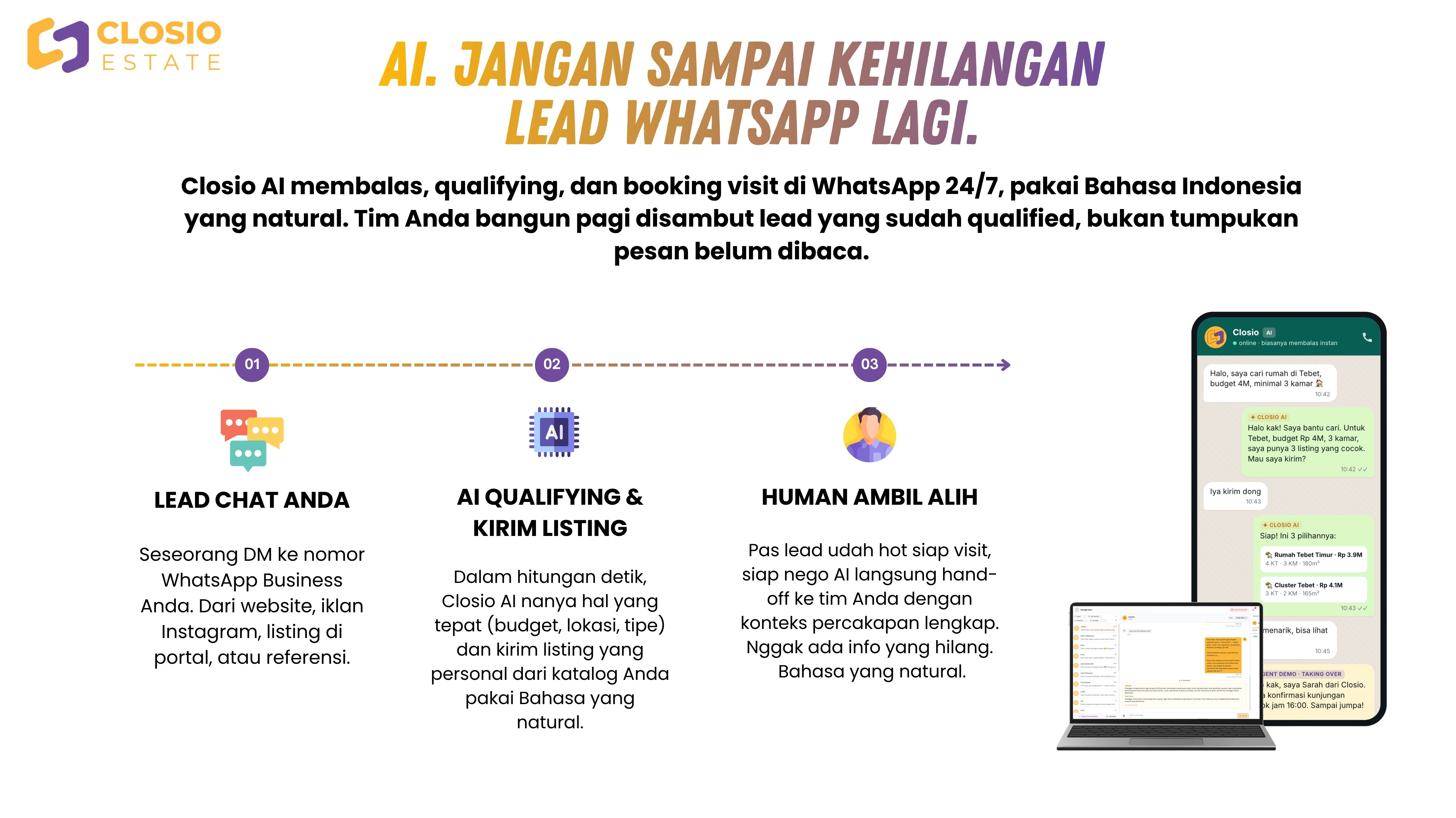Closio AI — jangan sampai kehilangan lead WhatsApp lagi