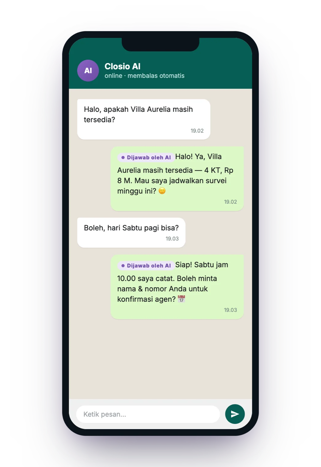 Agen AI Closio membalas lead di WhatsApp